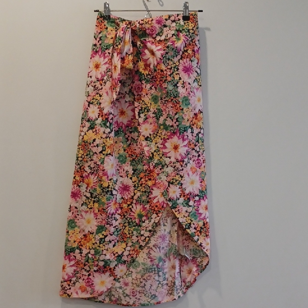 H&M Pink, Green and Yellow Floral Wrap Midi Skirt
